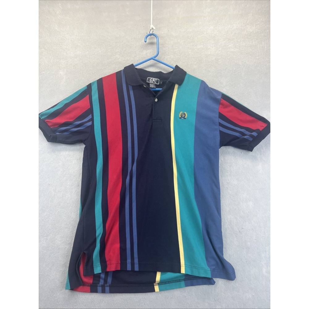 GFC Polo Shirt L Striped Crest Logo Short Sleeve Red Blue Green Golf Preppy 90s